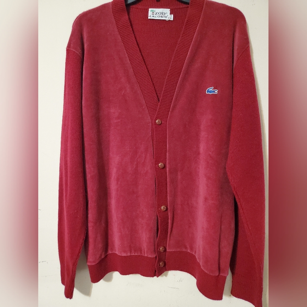 Vintage Lacoste Velour Textured Burgundy V-Neck Cardigan with Croc Logo XL - Picture 2 of 9